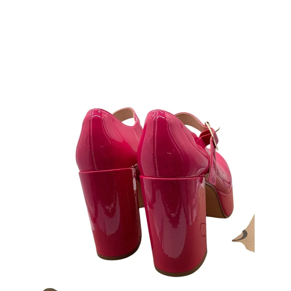 Coutgo Womens Hot Pink Patent Mary Jane Platform Chunky Block Heel Pumps 7.5